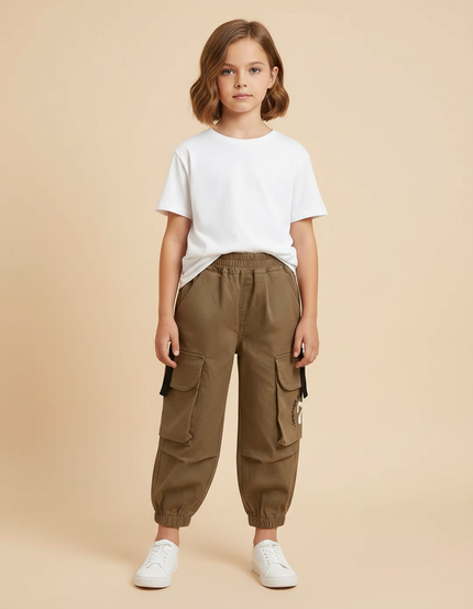 Pantalon Marron Cargo Enfant Poches Latérales Cordon - Kaki Toile