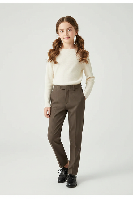 Pantalon Marron Coupe Droite Élégant Enfant Chic - Gabardine