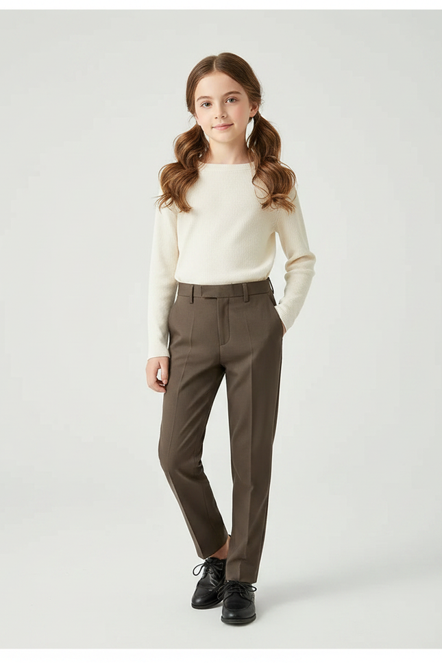 Pantalon Marron Coupe Droite Élégant Enfant Chic - Gabardine