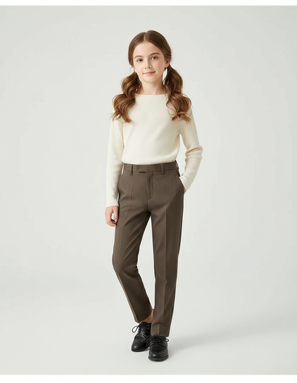 Pantalon Marron Coupe Droite Élégant Enfant Chic - Gabardine