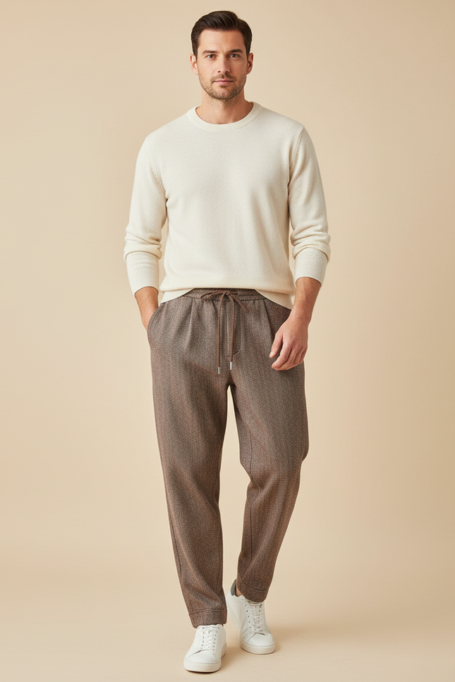 Pantalon Marron Jacquard Décontracté Confortable Cordon De Serrage - Tweed