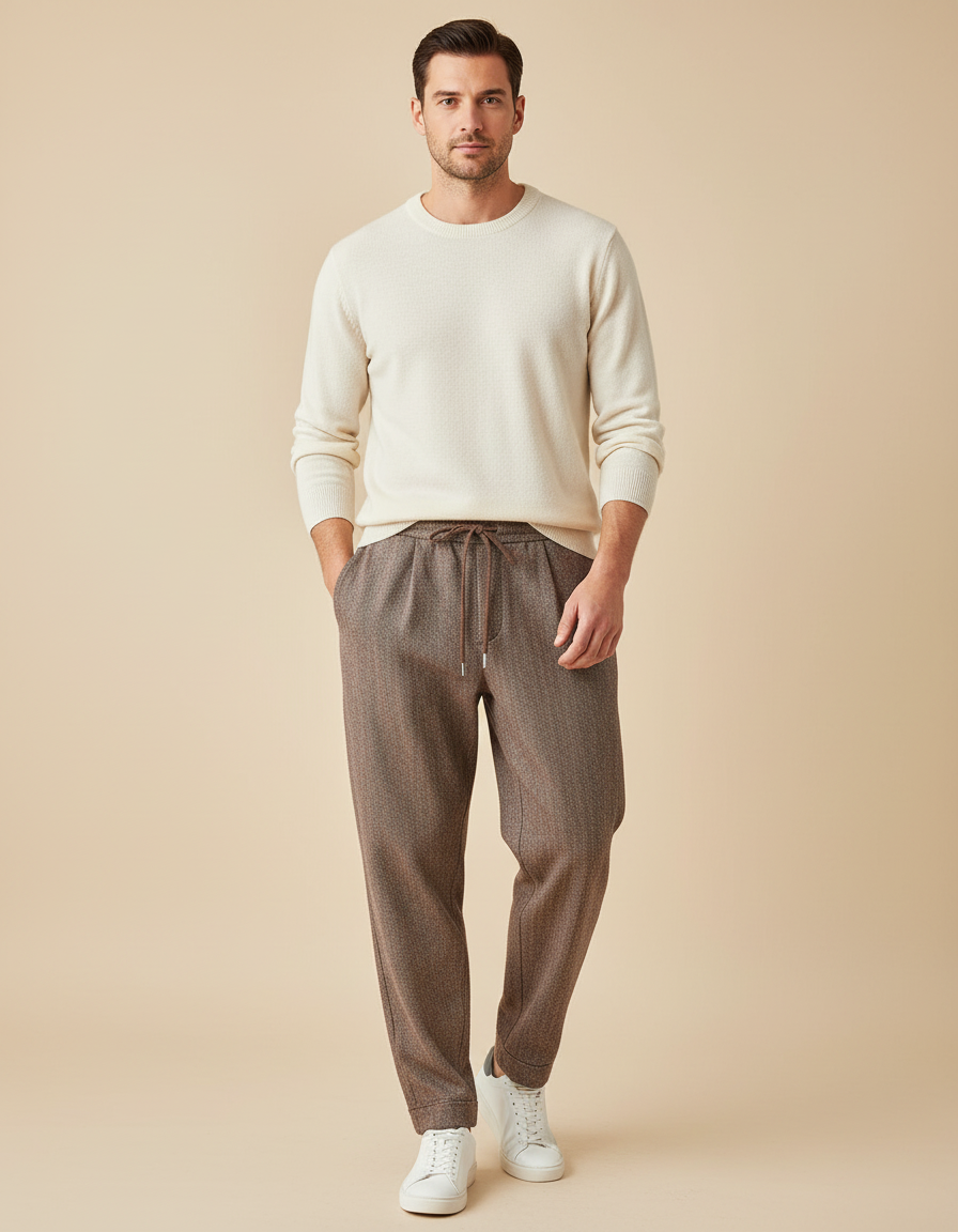 Pantalon Marron Jacquard Décontracté Confortable Cordon De Serrage - Tweed