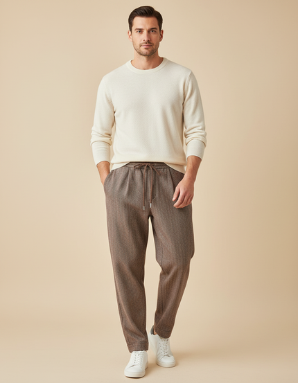 Pantalon Marron Jacquard Décontracté Confortable Cordon De Serrage - Tweed