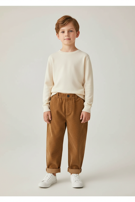 Pantalon Marron Côtelé Ample Décontracté Garçon - Cordé