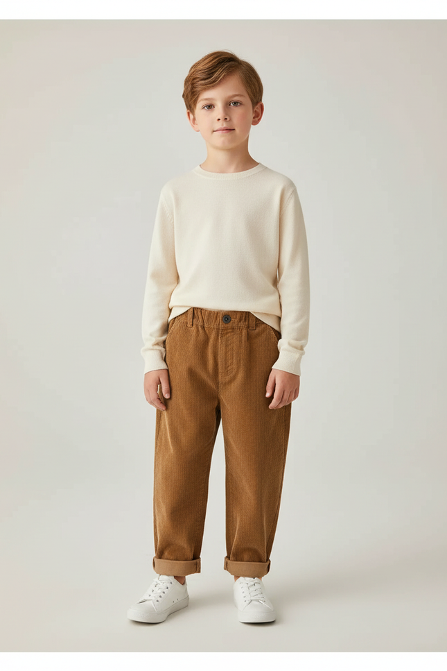 Pantalon Marron Côtelé Ample Décontracté Garçon - Cordé