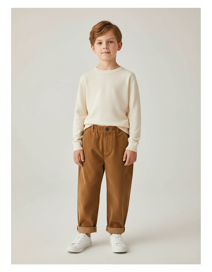 Pantalon Marron Côtelé Ample Décontracté Garçon - Cordé