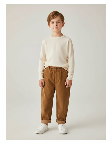 Pantalon Marron Côtelé Ample Décontracté Garçon - Cordé