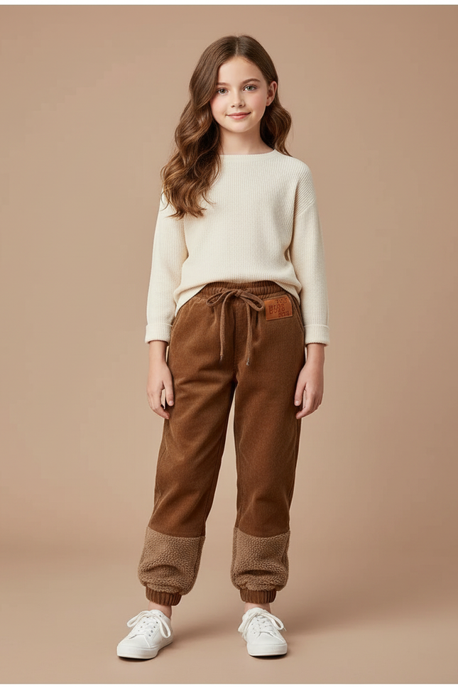 Pantalon Marron Côtelé Doublé Polaire Décontracté Fille - Cordé