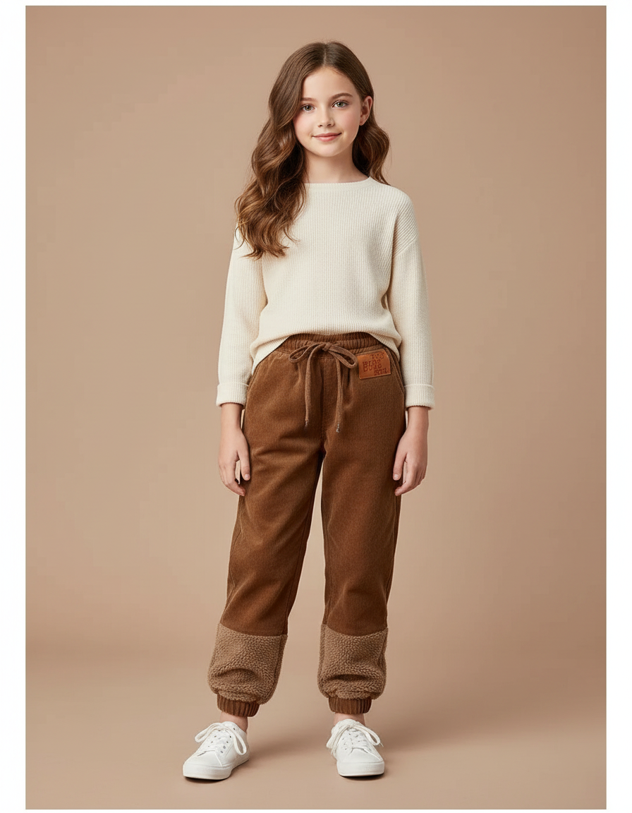 Pantalon Marron Côtelé Doublé Polaire Décontracté Fille - Cordé