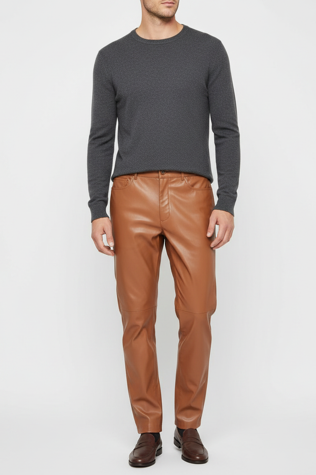 Pantalon Marron Cuir Simili Homme Coupe Droite - Simili cuir