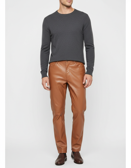 Pantalon Marron Cuir Simili Homme Coupe Droite - Simili cuir