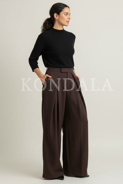 Pantalon Marron Plissé Ample Fluide Élégant Femme - Polyester