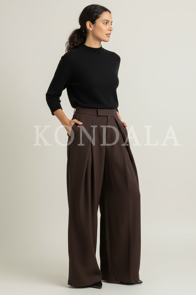 Pantalon Marron Plissé Ample Fluide Élégant Femme - Polyester