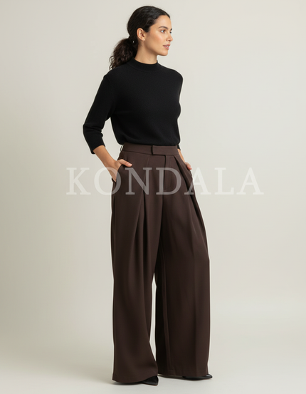 Pantalon Marron Plissé Ample Fluide Élégant Femme - Polyester