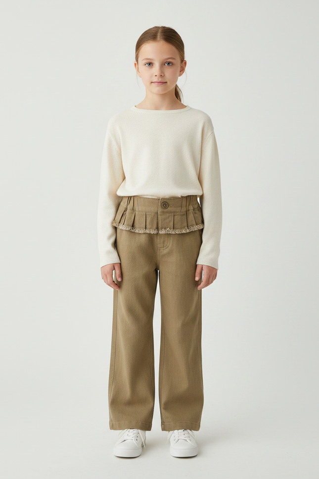 Pantalon Marron Ample Plissé Volants Fille Décontracté - Kaki Toile