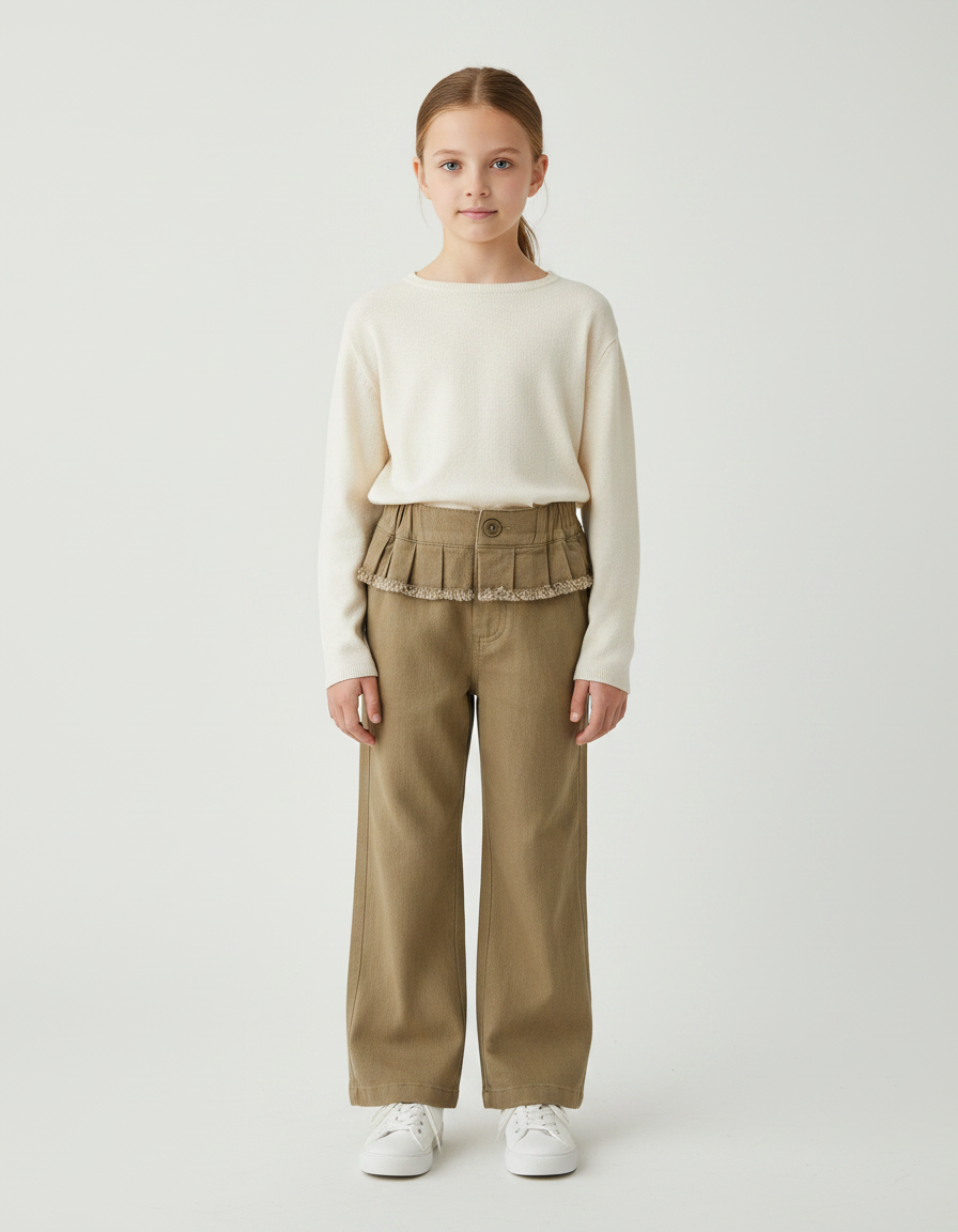 Pantalon Marron Ample Plissé Volants Fille Décontracté - Kaki Toile