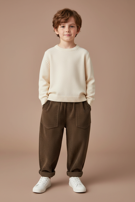 Pantalon Marron Côtelé Ample Décontracté Enfant Garçon - Cordé