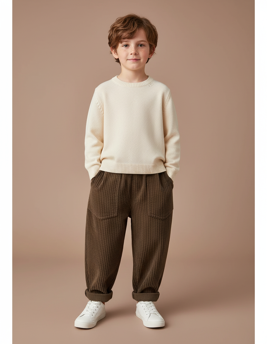 Pantalon Marron Côtelé Ample Décontracté Enfant Garçon - Cordé