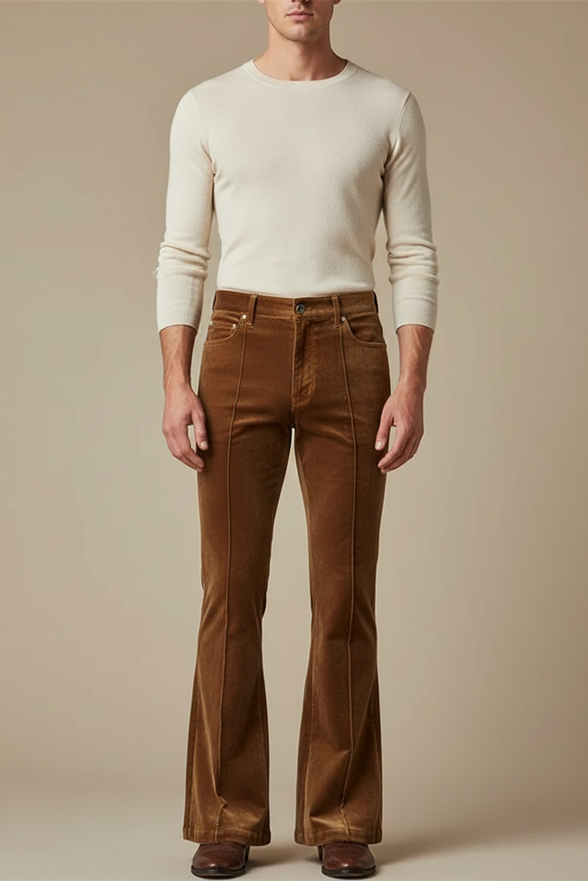 Pantalon Marron Velours Côtelé Évasé Homme Ajusté - Cordé