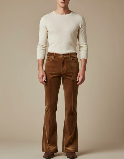 Pantalon Marron Velours Côtelé Évasé Homme Ajusté - Cordé