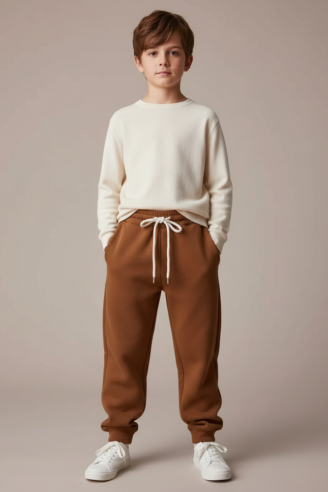 Pantalon Marron Molletonné Ample Décontracté Enfant Cordon
