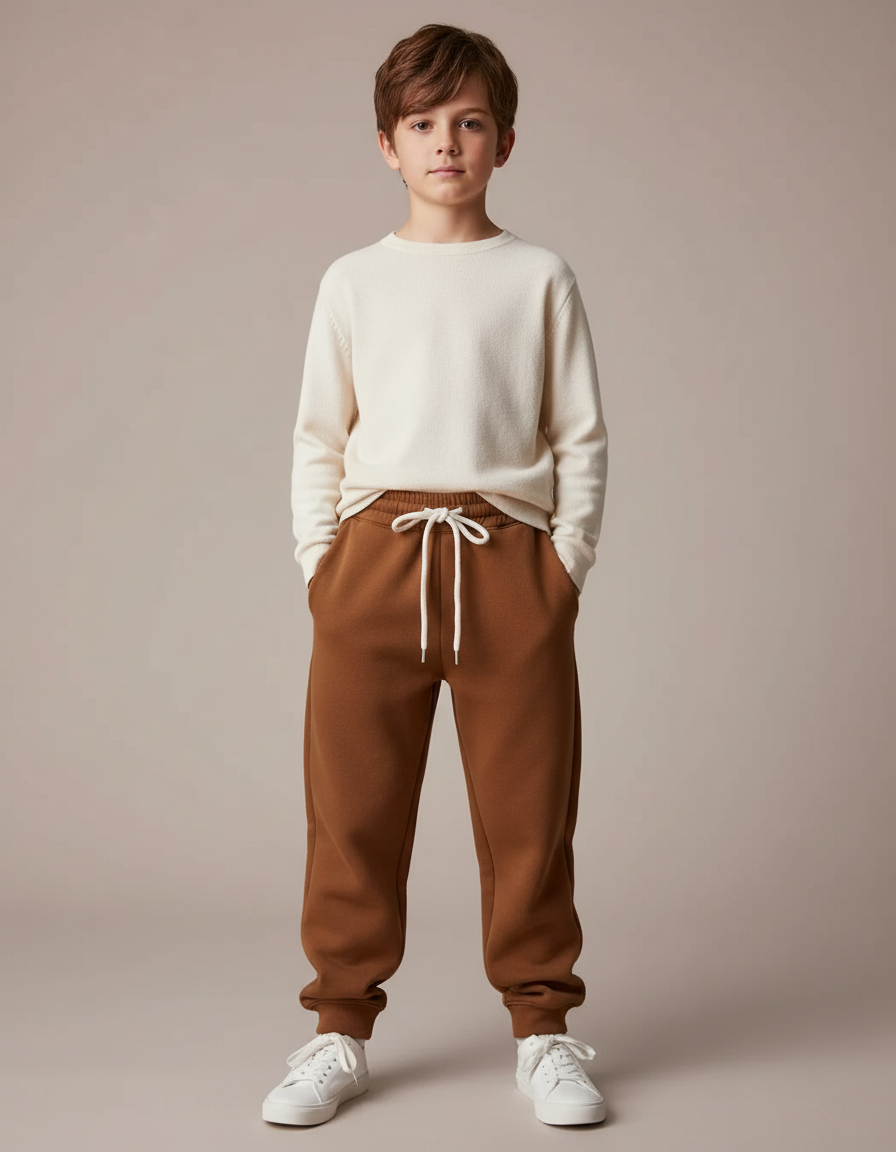 Pantalon Marron Molletonné Ample Décontracté Enfant Cordon