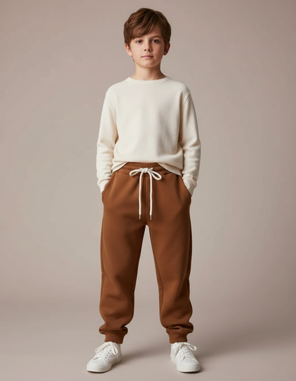 Pantalon Marron Molletonné Ample Décontracté Enfant Cordon