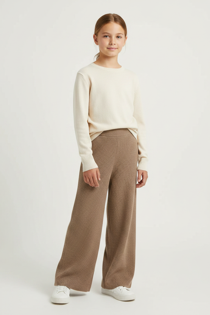 Pantalon Marron Ample Tricoté Côtelé Enfant Confortable - Maille