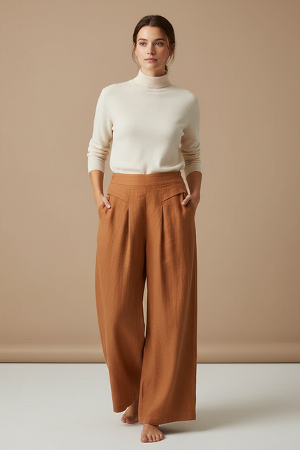 Pantalon Marron Ample Lin Plissé Élégant