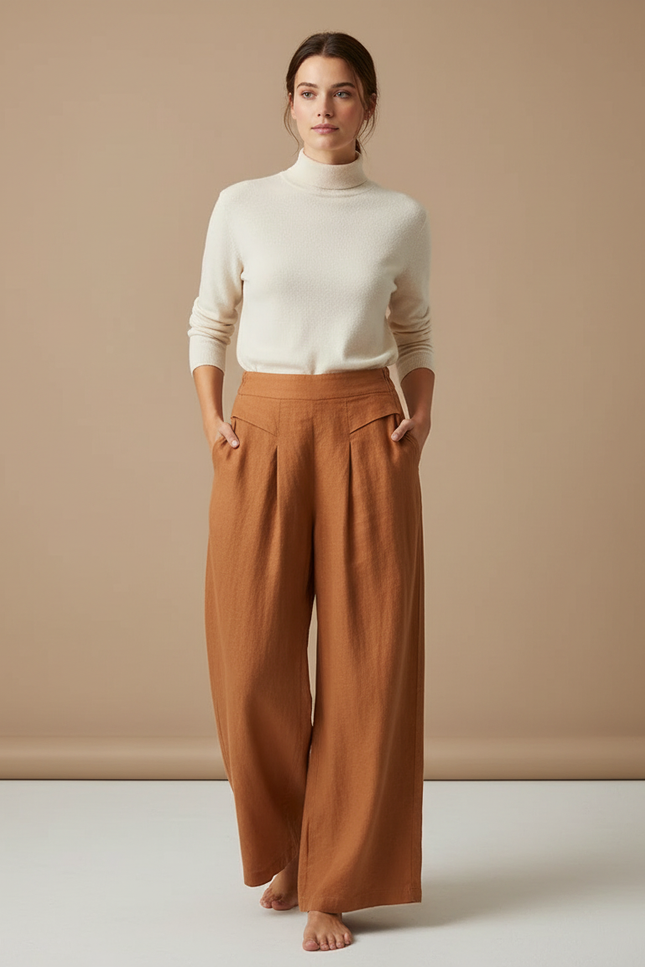 Pantalon Marron Ample Lin Plissé Élégant