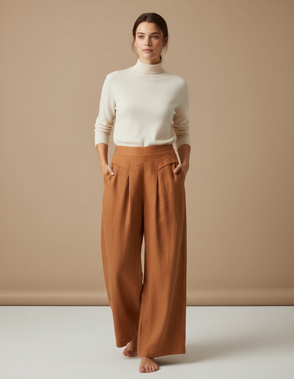 Pantalon Marron Ample Lin Plissé Élégant