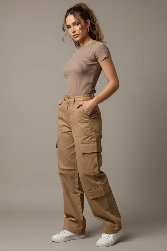 Pantalon Marron Cargo Ample Décontracté Multipoches Femme - Gabardine