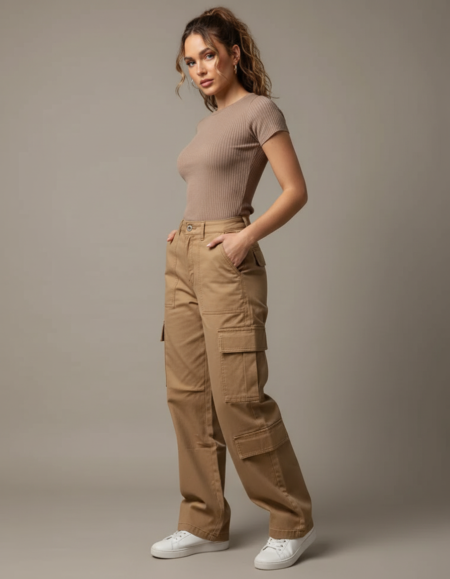 Pantalon Marron Cargo Ample Décontracté Multipoches Femme - Gabardine