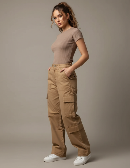 Pantalon Marron Cargo Ample Décontracté Multipoches Femme - Gabardine