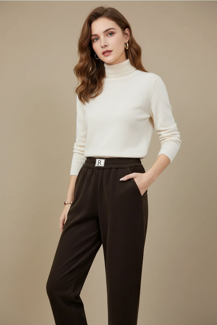 Pantalon Marron Côtelé Droit Épais Taille Haute Femme - Cordé