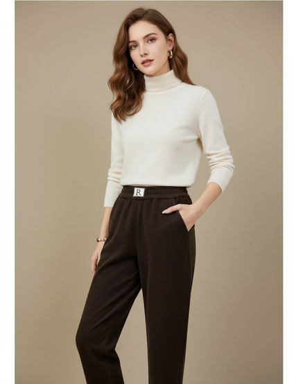 Pantalon Marron Côtelé Droit Épais Taille Haute Femme - Cordé