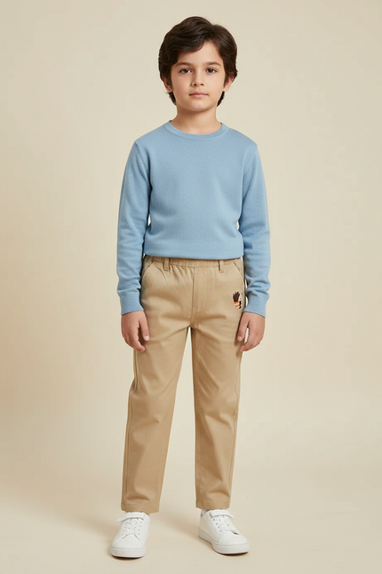 Pantalon Marron Enfant Décontracté Brodé Coton Confortable - Beige