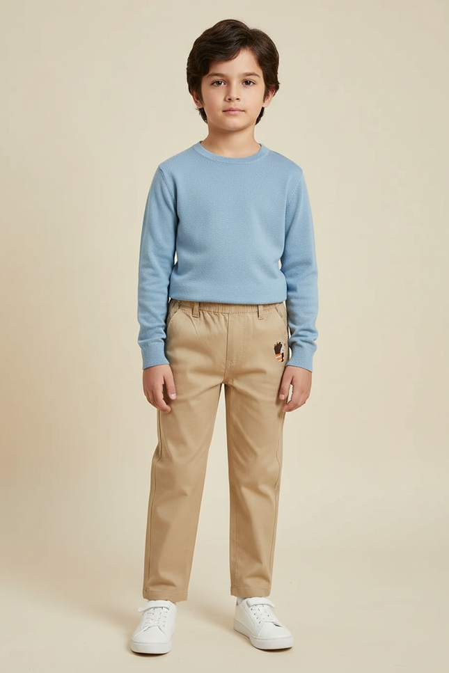 Pantalon Marron Enfant Décontracté Brodé Coton Confortable - Beige