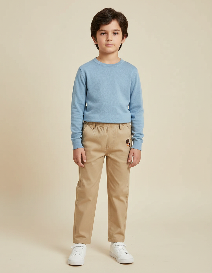 Pantalon Marron Enfant Décontracté Brodé Coton Confortable - Beige