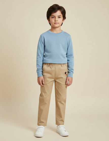 Pantalon Marron Enfant Décontracté Brodé Coton Confortable - Beige