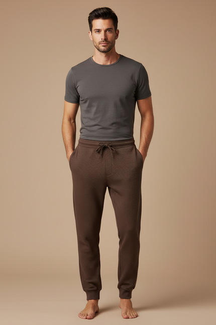 Pantalon Marron Gaufré Ample Décontracté Homme Cordon - Maille