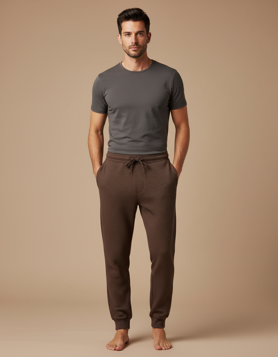 Pantalon Marron Gaufré Ample Décontracté Homme Cordon - Maille