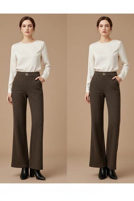 Pantalon Marron Laine Chevron Ample Évasé Taille Haute - Tweed