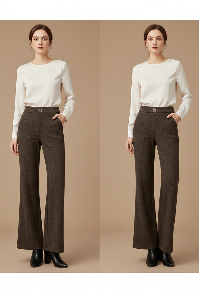 Pantalon Marron Laine Chevron Ample Évasé Taille Haute - Tweed