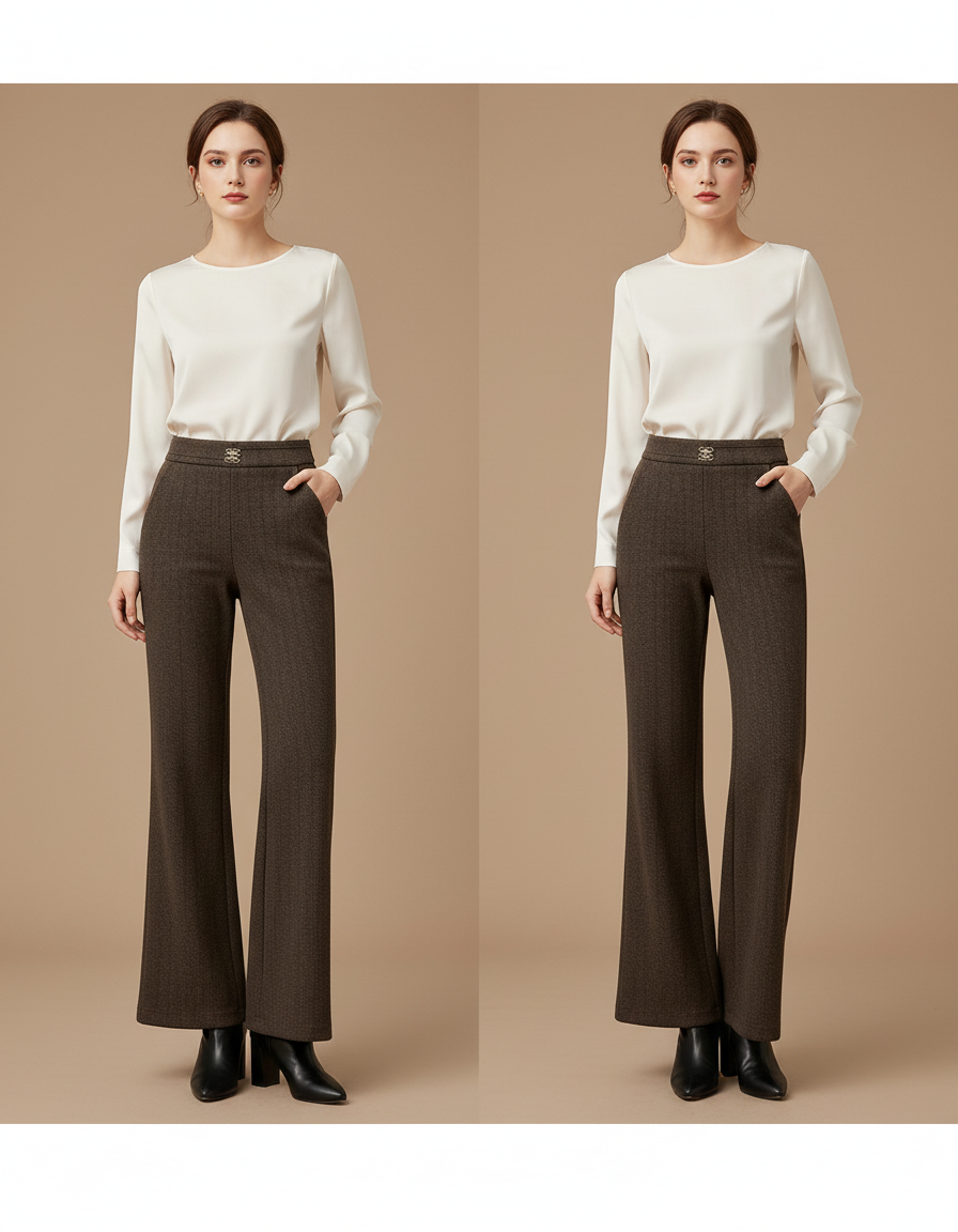 Pantalon Marron Laine Chevron Ample Évasé Taille Haute - Tweed