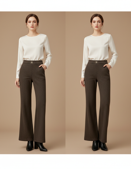 Pantalon Marron Laine Chevron Ample Évasé Taille Haute - Tweed