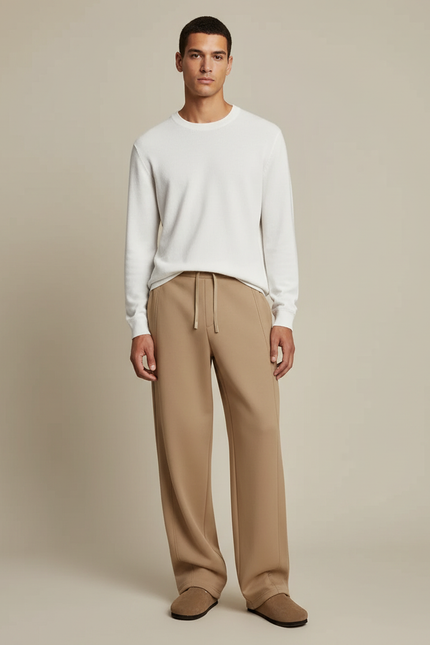 Pantalon Marron Ample Maille Décontracté Cordon Homme - Camel
