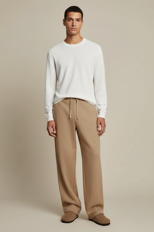 Pantalon Marron Ample Maille Décontracté Cordon Homme - Camel