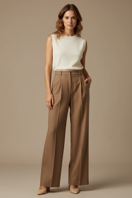 Pantalon Marron Élégant Ample Plissé Taille Haute - Gabardine