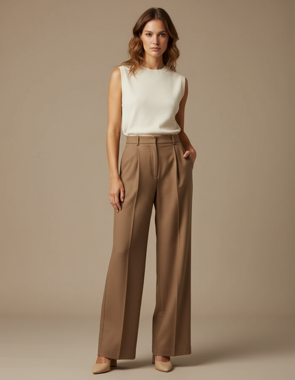 Pantalon Marron Élégant Ample Plissé Taille Haute - Gabardine